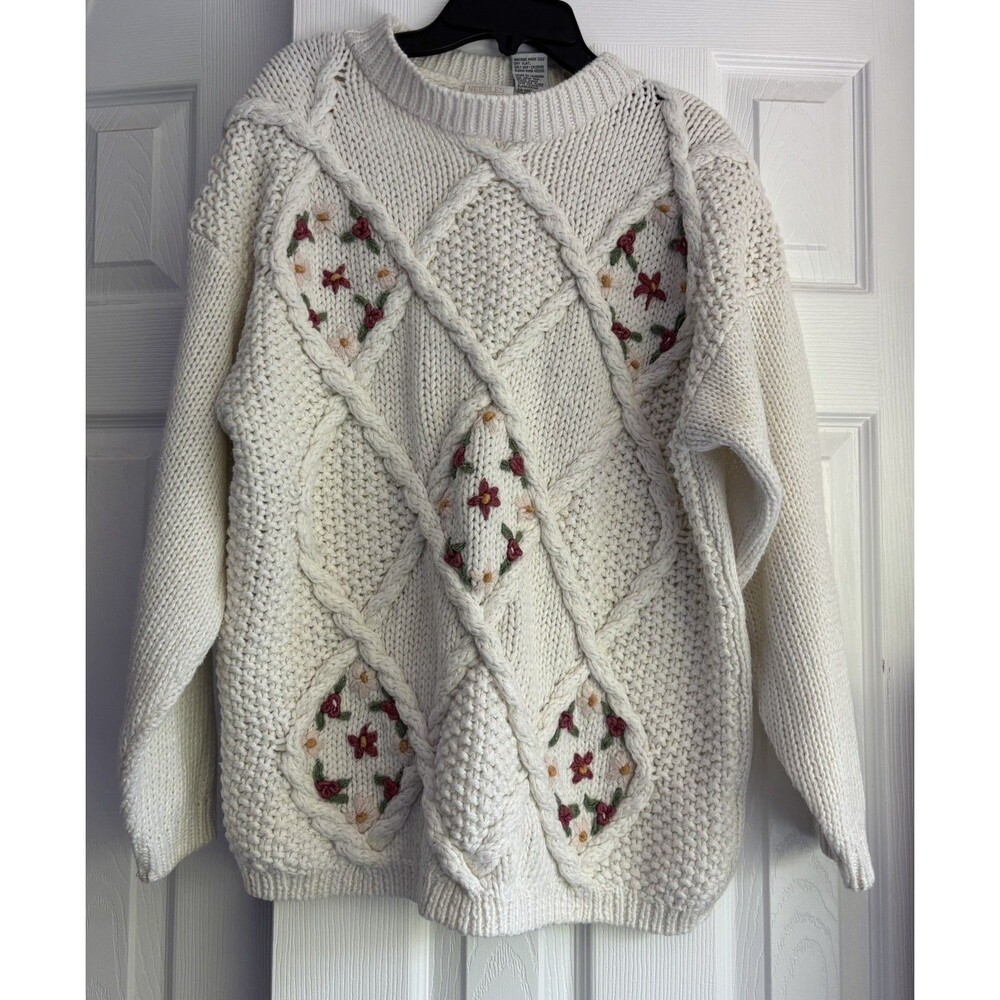 VTG Needles & Yarn Sweater Medium Cream Floral Accent Ramie Knit 80s Cottagecore